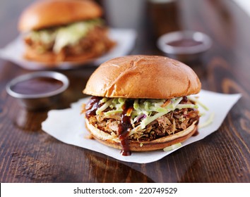 two pulled pork barbecue sandwiches - Shutterstock ID 220749529