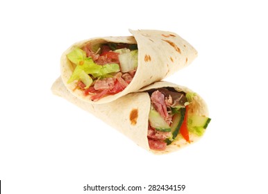 Two Pulled Pork And Salad Bread Wraps Isolated Against White