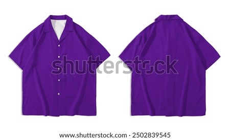 Two purple button down shirts with short sleeves, showing front and back views. Suitable for clothing retailers or fashion blogs.