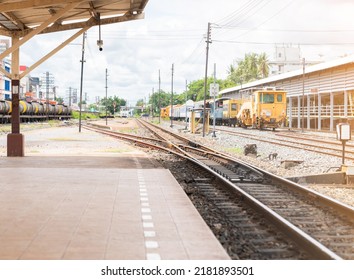 Two Railway Tracks Merge Together To Station Platform Waitting Train Come On.