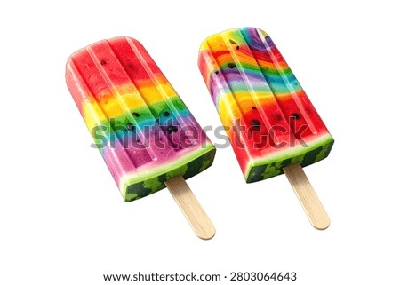 Two rainbow-colored popsicles on sticks isolated