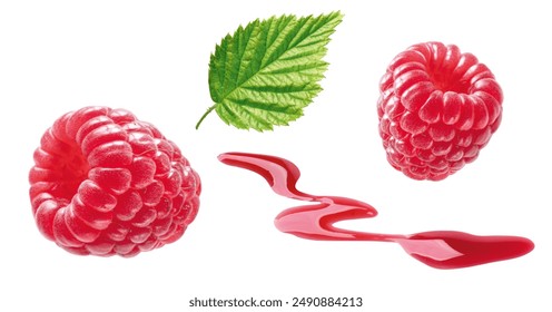 two raspberries, raspberry syrup and raspberry leaf - Powered by Shutterstock