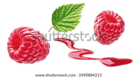 two raspberries, raspberry syrup and raspberry leaf