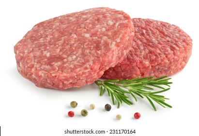 two raw hamburger, rosemary and pepper on white background
