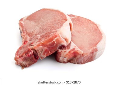 Two Raw Pork Chops On White Background