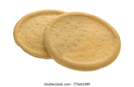 Two Ready Made Deep Dish Pizza Crusts Isolated On A White Background.