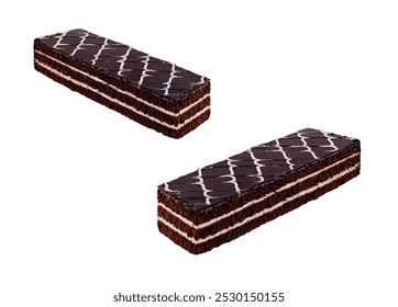 Two rectangular chocolate cake bars with layers are covered with chocolate icing and a white chocolate design on a white background