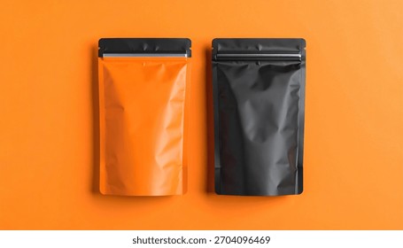 Two rectangular, glossy pouches, one orange and one black, stand upright against a vibrant orange backdrop
