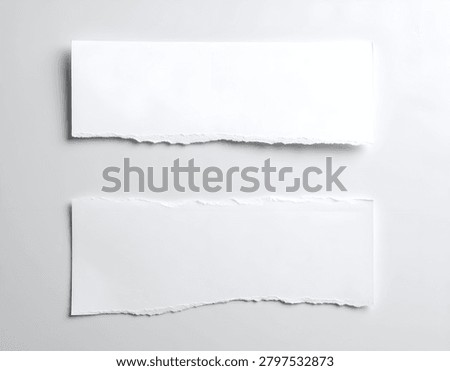 Two rectangular white paper strips, torn at the bottom edge, sit on a white background, lit from above