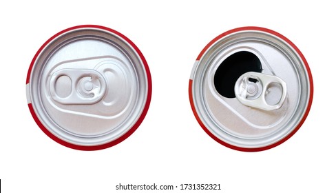 Two Red Aluminum Beverage Can Top View Isolated On White Background, Clipping Path Included