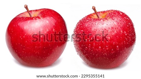 Two red apple, one covered with water drops on white background.