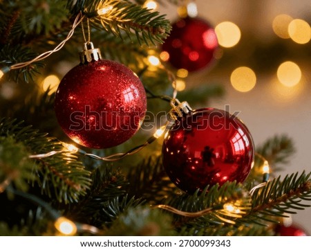 Two red baubles on pine tree lit with Christmas lights