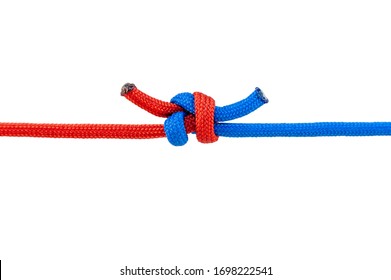 Two Red And Blue Cords Are Connected . Knot On A Cord Isolated On A White Background .