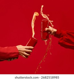 Two red cans collide with beer splash on vibrant red background full of energy. Concept of beverage branding, editorial visuals, monochromatic campaigns, and youth marketing. Mockup for text, ad