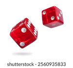 Two red dice in air on white background