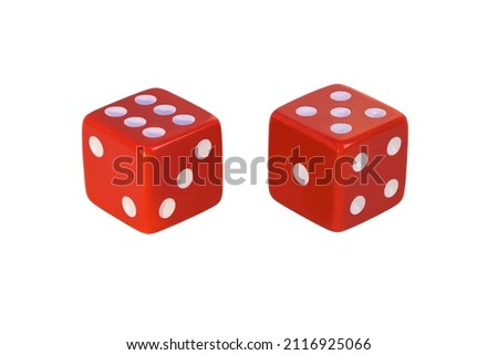 Two red dice, isolated on white. Two, three, six and one, four, five. Full clipping without shadow. Blank for the designer.