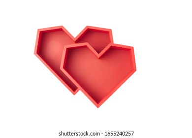 Two red empty boxes in the shape of faceted heart on a white background.