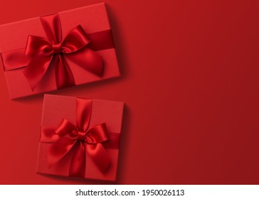 Two Red Gift Boxes On Red Background , Valentine's Presents Top View Flat Lay