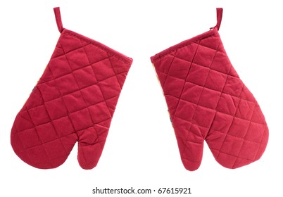 Two red kitchen oven gloves or mittens to protect hands from hot objects, isolated on white background, horizontal orientation, nobody.