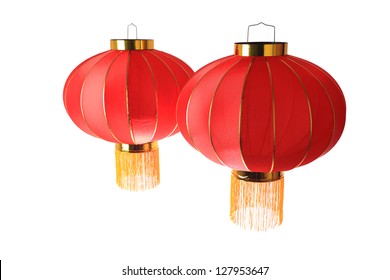 Two Red Lantern Isolated On White With Clipping Path