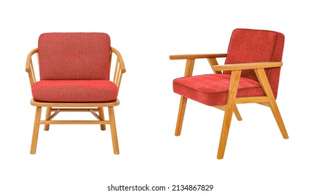 Two Red Luxury Classical Armchair With Wooden Legs And Arms With Clipping Path Isolated On White Background. Series Of Furniture