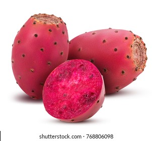 Two red opuntia, one cut in half isolated on white background. Clipping Path. Full depth of field. - Shutterstock ID 768806098