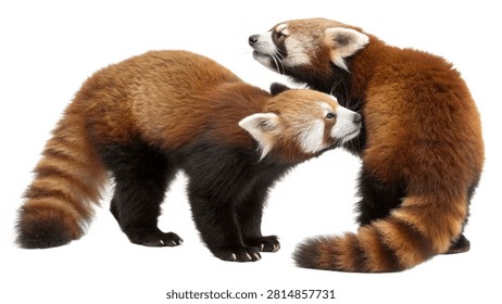 Two red pandas interacting affectionately isolated on white transparent background.