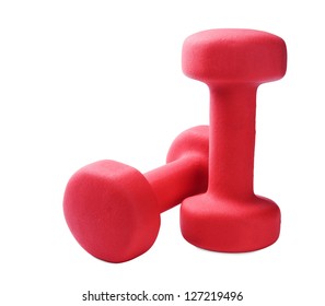 Two Red Plastic Coated Dumbells Isolated On White