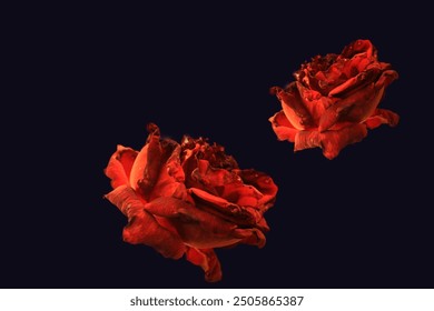 Two red roses falling down on black background. Dramatic floral design as concept of love, heartbreak, passion. Isolated red rose heads close up on black background. - Powered by Shutterstock