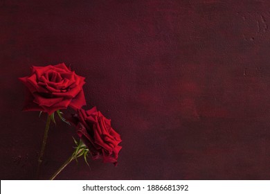 Zwei rote Rosen liegen auf dunkelrotem Holzhintergrund. Flachlage