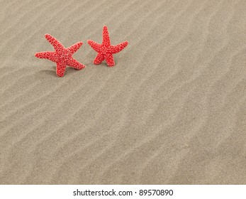 Two Red Starfish On The Beach With Windswept Sand Ripples