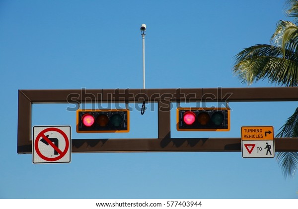 Two Red\
Traffic Lights with No Left Turn and Turning Vehicles Yield to\
Pedestrians Signs, Traffic Cam Attached Above and Clear Blue Sky\
Behind with Green Palm Fronds to the\
Right