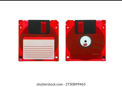 Two red translucent 3.5 inch floppy disks isolated on white background.