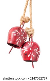 Two Red Zen Bells Hanging On Rope Isolated On White Background