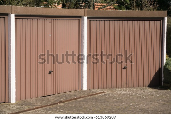 Two Redbrown Painted Garage Doors Transportation Parks Outdoor