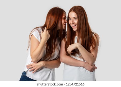 Two red-haired girls isolated on gray background. They tell secrets to each other