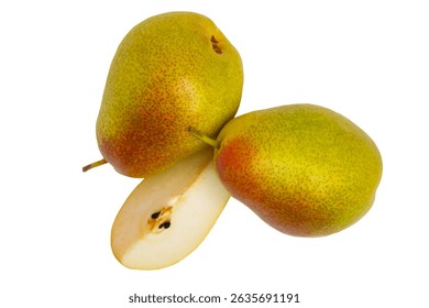 Two red-yellow pears with a pear slice in the middle, front view, isolated on white background.