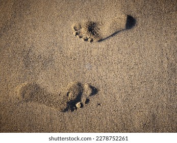 Two relief (embossed) human footprints (footmarks) imprinted in different (opposite) directions in yellow sand of beach in Lanzarote, Canary islands. Contrasted inversed footmarks in two ways
