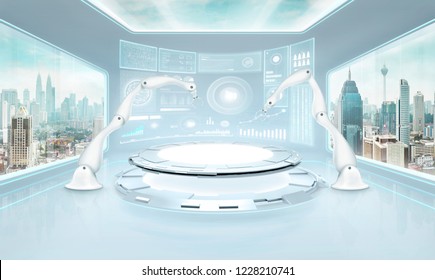 Two Rendering Assembly Robot Arm In Futuristic Lab With Large Windows And City Urban Landscape . Mixed Media .