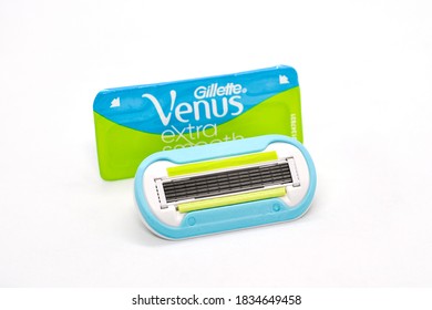 Two Replacement Cassettes For Womens Shaving Razors Gillette Venus Embrace With 5 Blades On White Background. Epilation With Shaving Razor. Cassettes In Package And Without. Moscow Russia- 10.16.2020