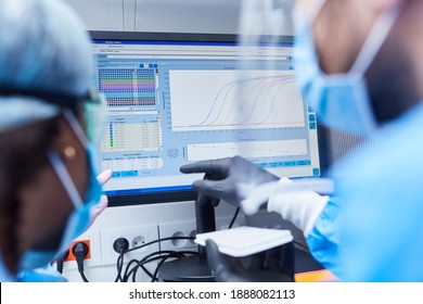 Two researchers at data analysis from experiment in the laboratory on the monitor of the computer - Powered by Shutterstock