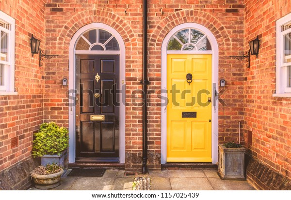 Two Residential Front Doors One Yellow Stock Photo Edit Now