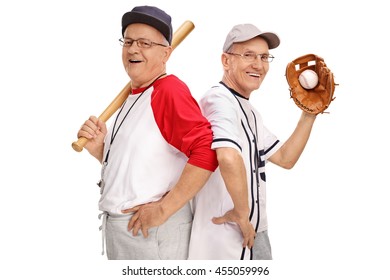 Two Retired Senior Baseball Players Posing Together Isolated On White Background