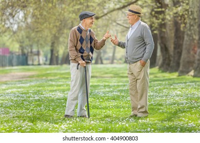 Two Retired Seniors Having A Conversation In A Park On A Sunny Spring Day 