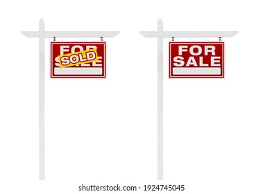 Two Right Facing Sold and For Sale Real Estate Signs With Clipping Paths Isolated on White Background.