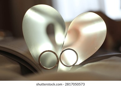 Two rings placed on an open book with heart-shaped pages.