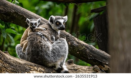 Two ring-tailed lemurs perched on a log, surrounded by lush greenery.