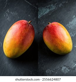 Two ripe mangoes on a black surface. The fruit is bright red and yellow. Concept of freshness and abundance - Powered by Shutterstock