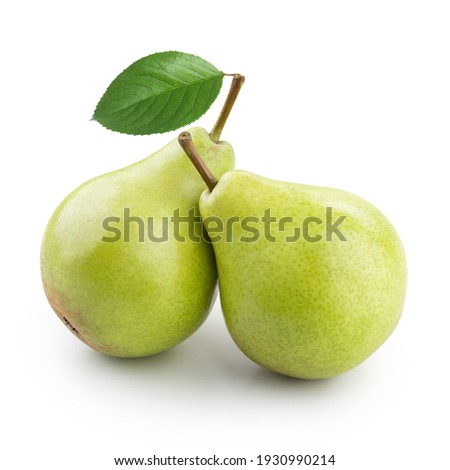 Two ripe pears with leaf isolated on white