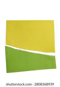 Two ripped rectangular pieces of yellow and green construction paper isolated on white background.